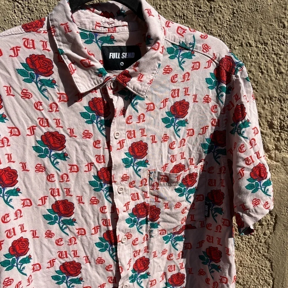 Men's Full Send Button-Down Shirt Multicolor Roses Spell-Out XL‎ Street Art City